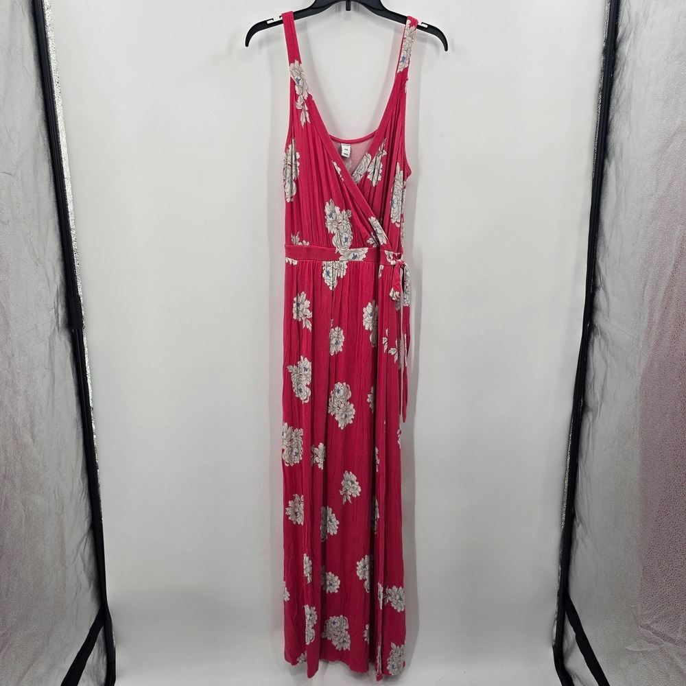 Old Navy Pink Floral Sleeveless Faux Wrap Maxi‎ Dress Large L Jersey Knit Summer